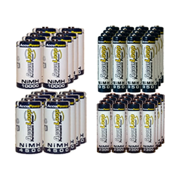 16 AA (2600 mAh) + 16 AAA (1100 mAh) + 8 C (4500 mAh) + 8 D (10000 mAh) NiMH AccuLoop Batteries