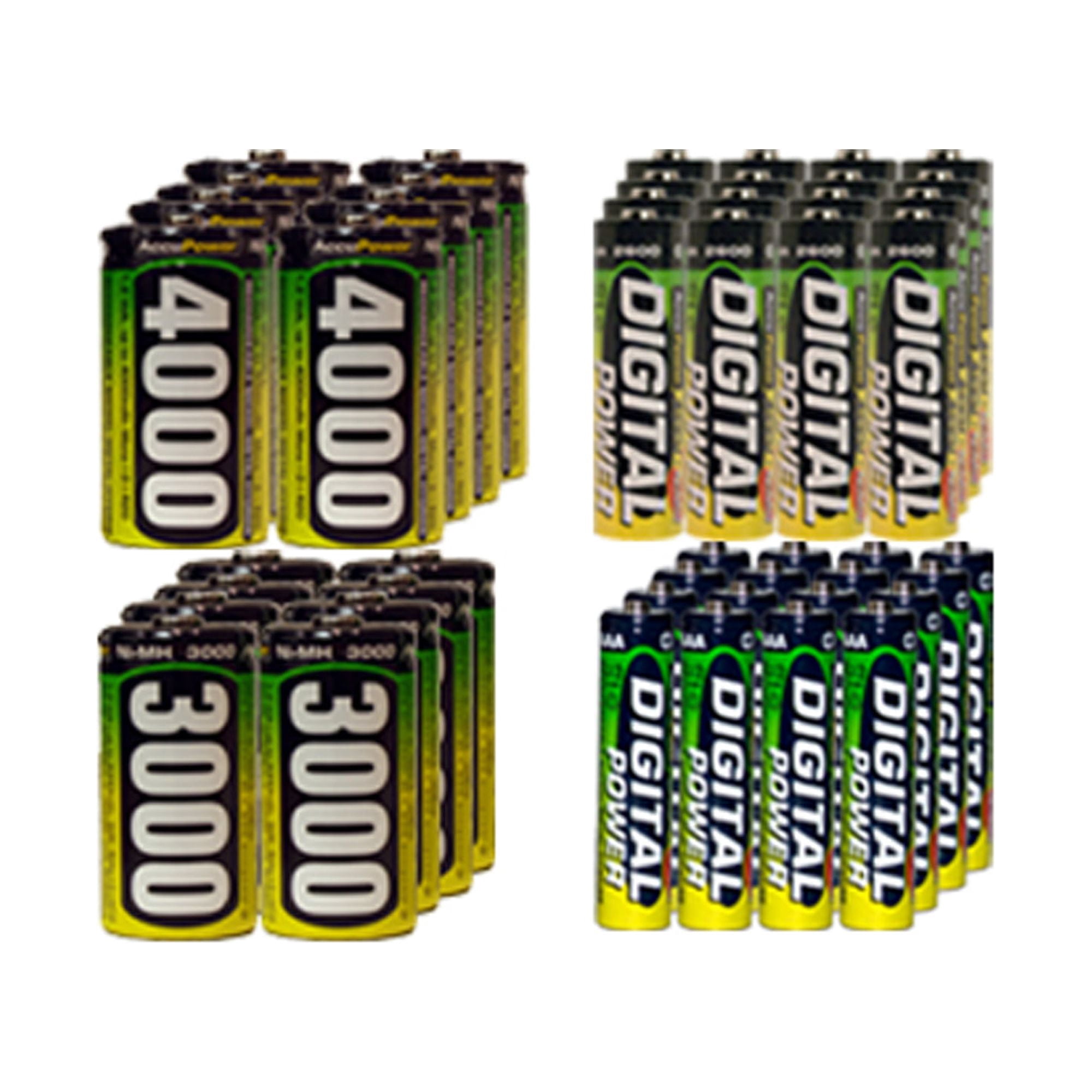 16 AA (2600 mAh) + 16 AAA (1200 mAh) + 8 C (3000 mAh) + 8 D (4000 mAh) NiMH AccuPower Batteries
