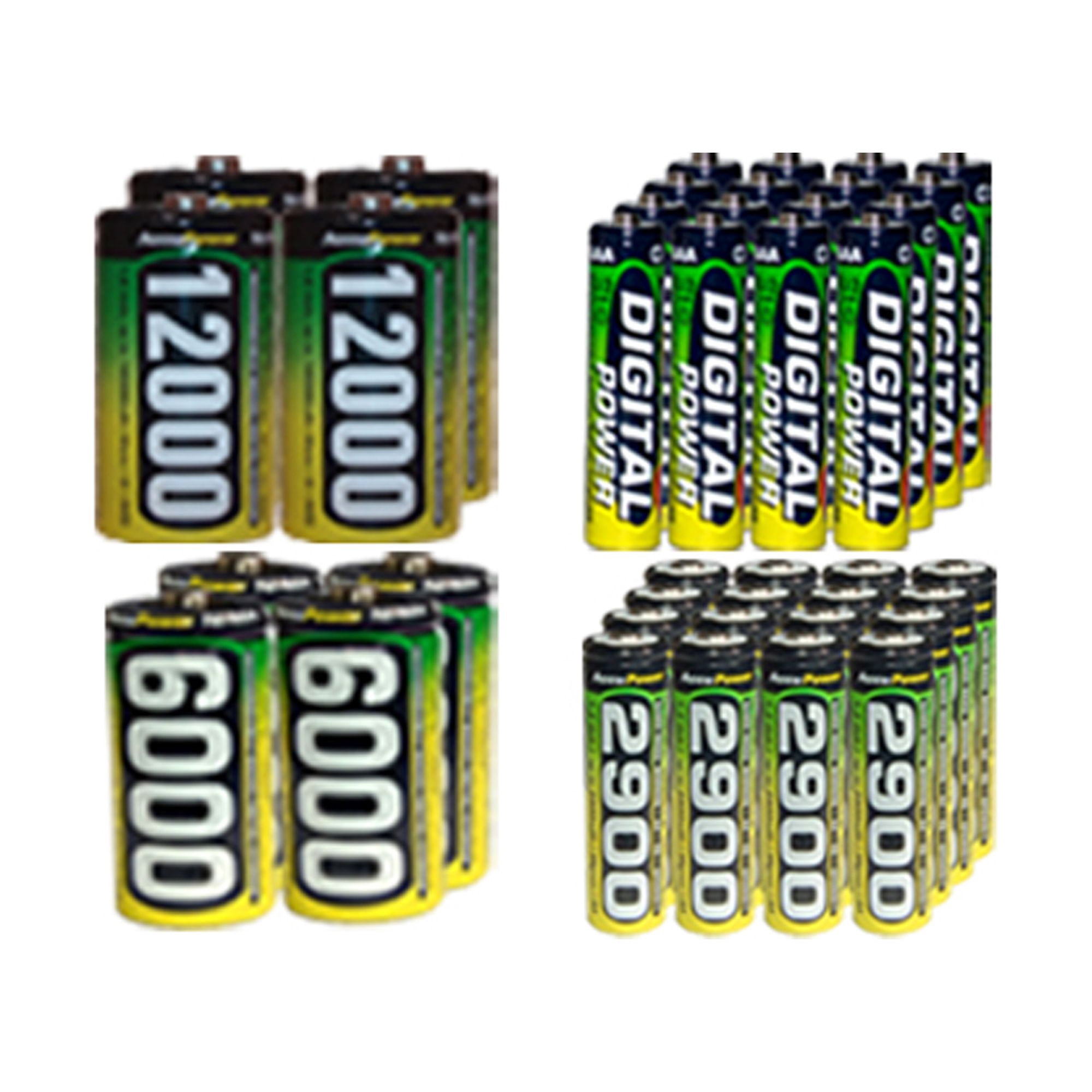 16 AA (2900 mAh) + 16 AAA (1200 mAh) + 4 C (6000 mAh) + 4 D (12000 mAh) NiMH AccuPower Batteries