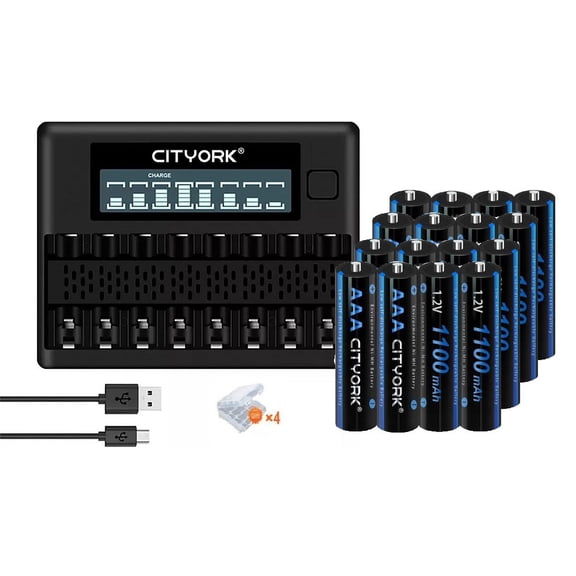 16 AA Rechargeable Batteries with High Capacity Low Self Discharge 1.2v Ni-MH Batteries with 8 Bay AA AAA Smart LCD Independent Slot Battery Charger