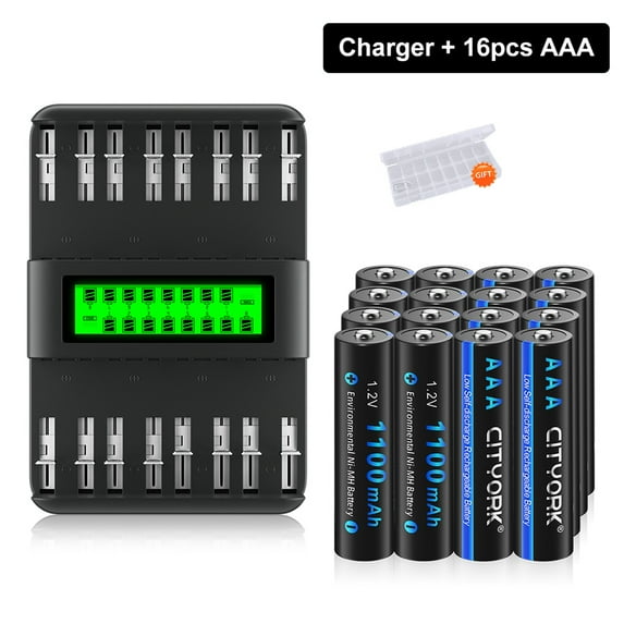 16 AAA 1100mAh High Capacity Low Self Discharge 1.2v Ni-MH Rechargeable Batteries with 16 Slots Intelligent Fast LCD Indicator USB Battery Charger For 1.2V AA AAA C D Size Ni-MH Batteries