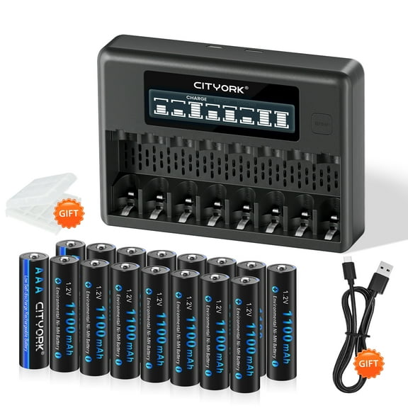 16 AAA Rechargeable Batteries with High Capacity Low Self Discharge 1.2v Ni-MH Batteries with 8 Bay AA AAA Smart LCD Independent Slot Battery Charger