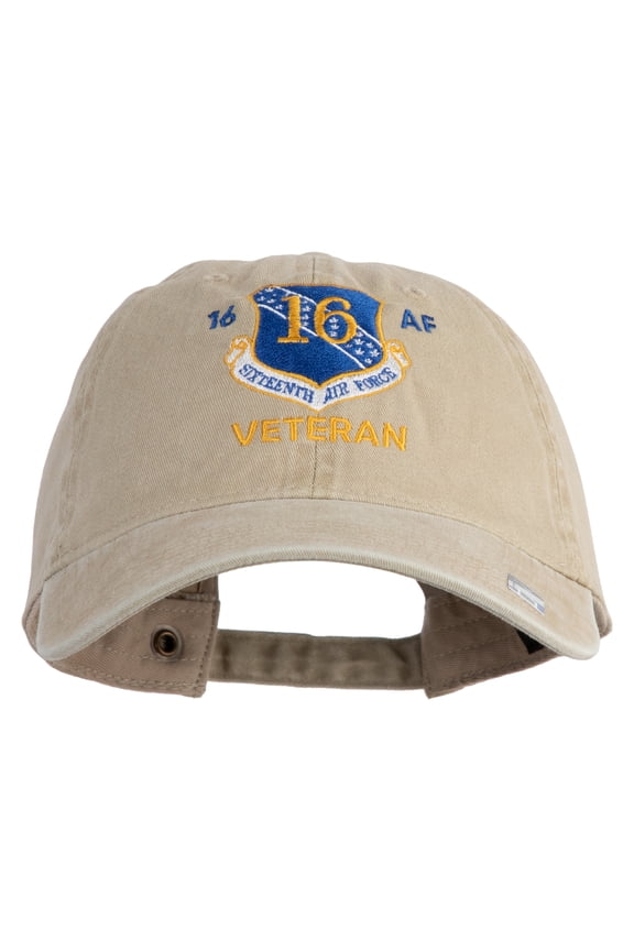16 AF Sixteenth Air Force Veteran Embroidered Washed Solid Pigment Dyed Cotton Twill Brass Buckle Cap - Khaki OSFM