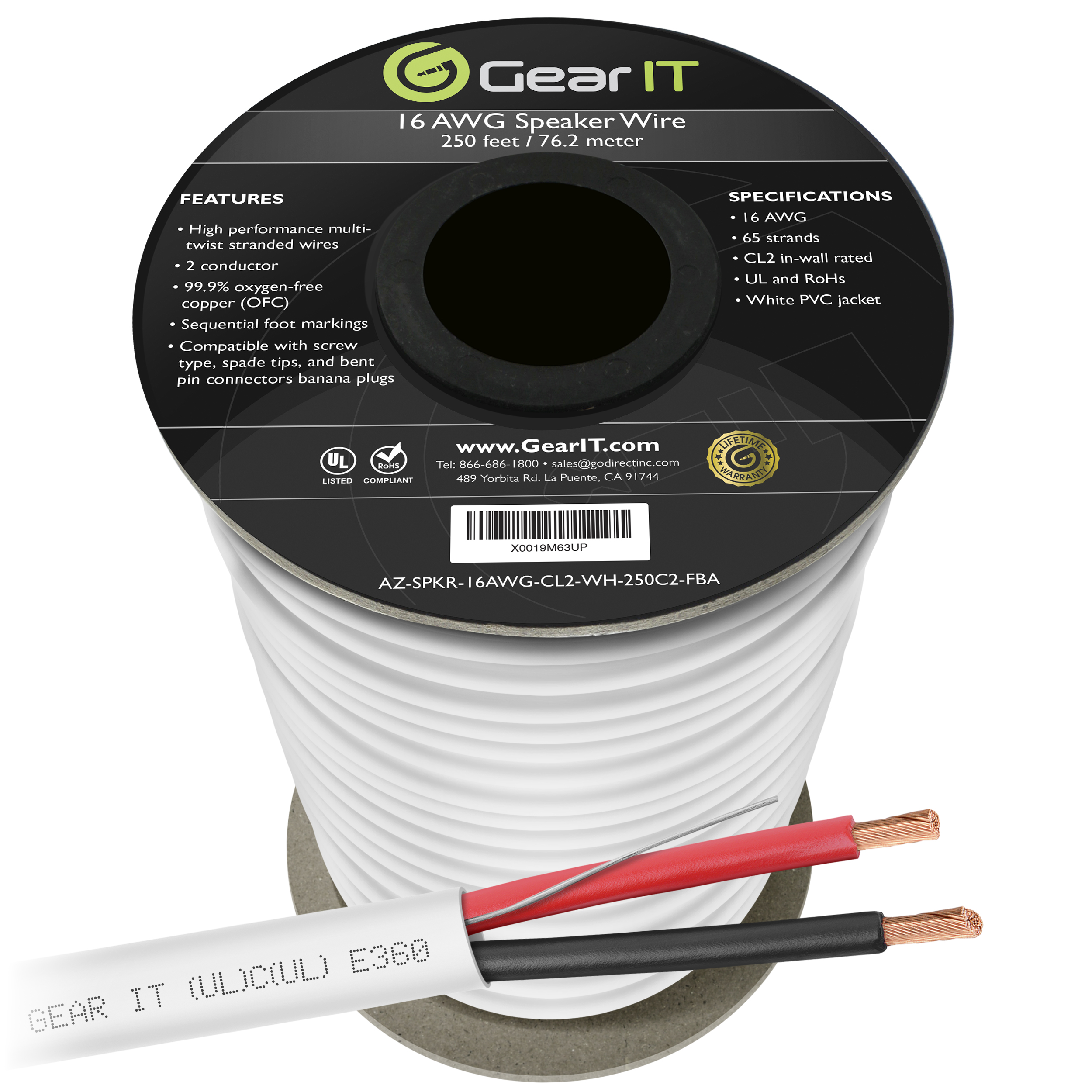 16 AWG CL2 Rated OFC Speaker Wire, GearIT Pro Series 16 Gauge OFC Oxygen Free Copper UL CL2 Rated for In-Wall Speaker Wire Cable - image 1 of 6
