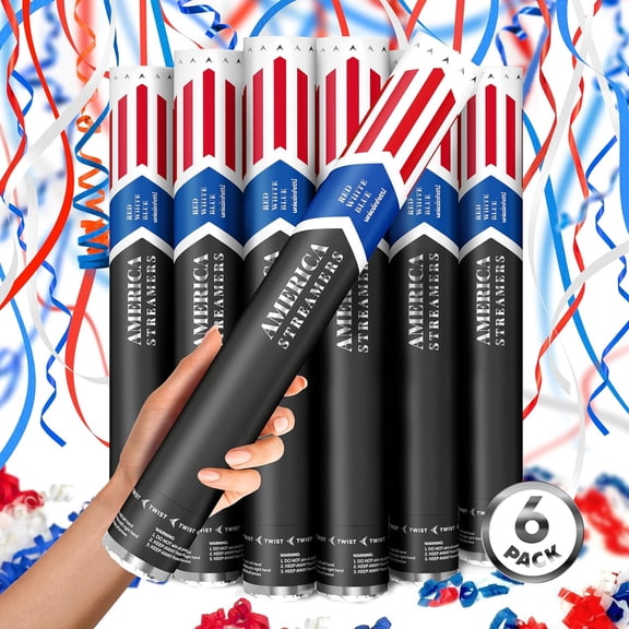16" America Streamers Cannon [6 Pack] Red White & Blue Streamer Poppers No Mess, Biodegradable Paper, Mess Confetti Poppers, Independence Day/July 4th, Conventions, Loud, Shoot Up to 40ft
