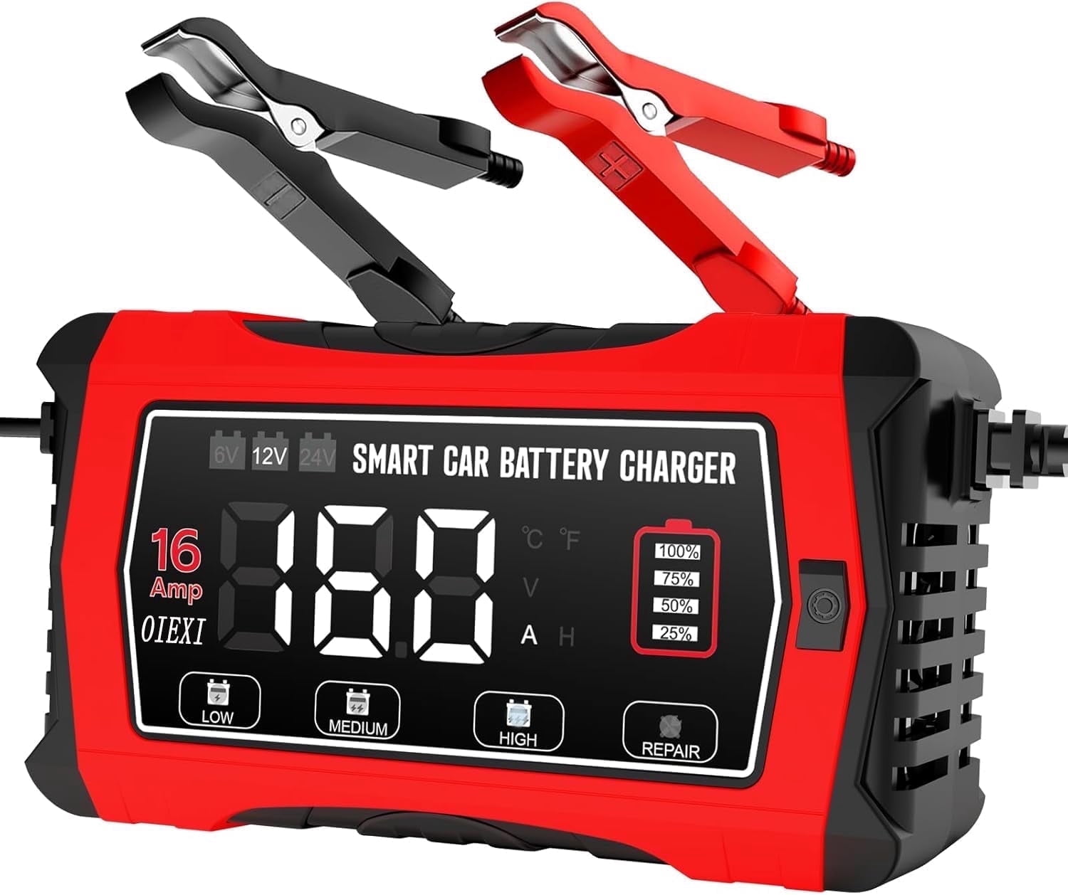 OIEXI 16 Amp Car Battery Charger, 6V 12V 24V Smart Battery Charger Lithium, Lifepo4, Lead-Acid, Maintainer/Temperature Compensation Trickle Charger for Car, SUV, Motorcycle, Boat, Lawn Mower