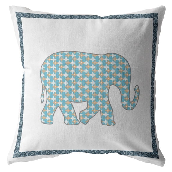 16†Aqua White Elephant Indoor Outdoor Zippered Throw Pillow
