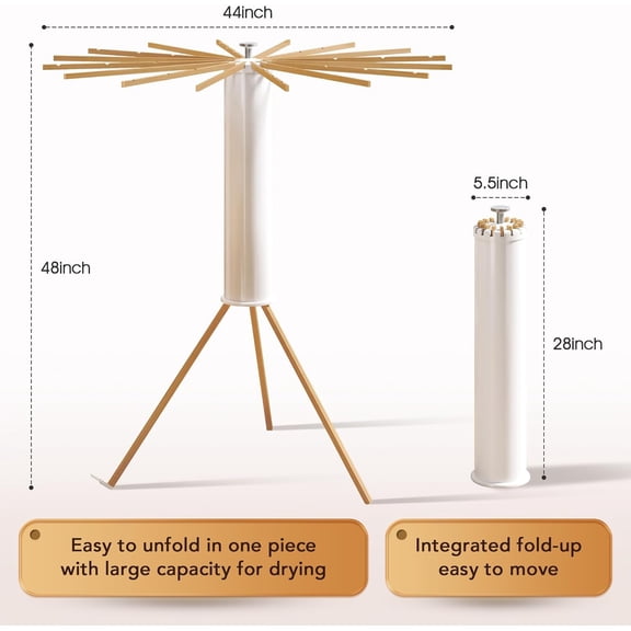 16 Arms Beechwood Tripod Clothes Drying Rack | Foldable Portable Laundry Stand, Space-Saving Collapsible, Easy Setup Stable Base for Indoor Outdoor Drying