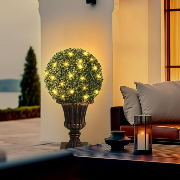 16” Artificial Plant Topiary Ball,Home Decor Pre-Lit Artificial Topiary Plant with Lights, Timer and Remote Control, Artificial Outdoor Porch Trees with Light Base for Outdoor Indoor