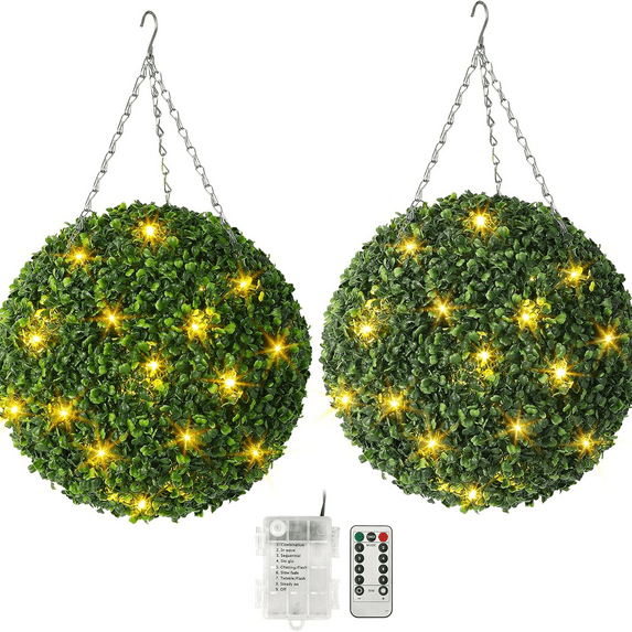 16” Artificial Plant Topiary Ball, Pre-Lit Artificial Topiary Plant with 8 Mode, Battery Operated,and Remote Control, Light Plant Ball for Backyard, Wedding and Home DéCor
