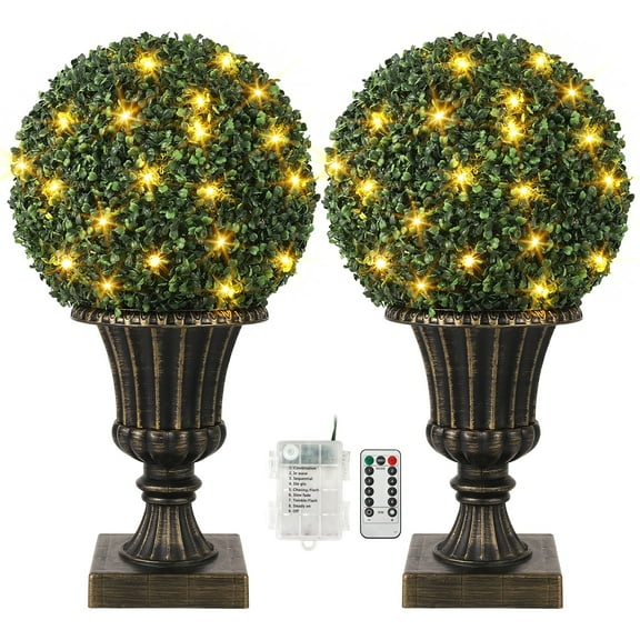 Gold 16” Artificial Plant Topiary Ball, Pre-Lit Artificial Topiary Plant with Lights, Timer and Remote Control, Artificial Outdoor Porch Trees with Light Base for Outdoor Indoor