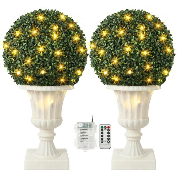 16 Artificial Plant Topiary Ball, Pre-Lit Artificial Topiary Plant with Lights, Timer and Remote Control, Artificial Outdoor Porch Trees with Light Base for Outdoor IndoorWhite-2pcs