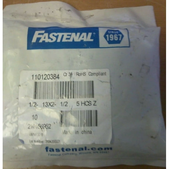 (16 BAGS OF 10)Fastenal 110120384 1/2"-13 x 2"Grade 5 Zinc Finish Hex Cap Screw