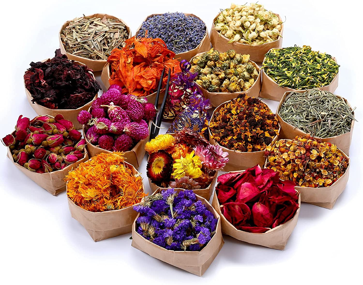 16 Bags Dried Flowers 100% Natural Flowers Herbs Kit for Soap Making DIY Candle Making Bath - Include Rose Petals Lavender Don't Forget Me Lilium Jasmine Rosebuds and More