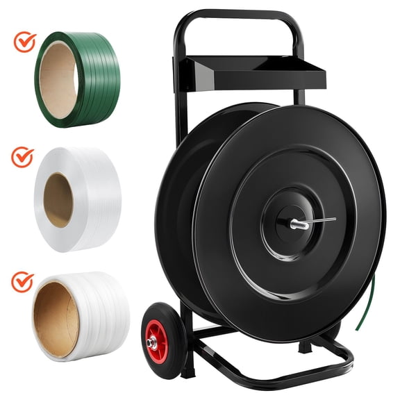 Heavy Duty Banding Strapping Cart Dispenser for PET PP Polyester Strapping Coils 8 or 16 Inch Core Size Steel Mobile Strapping Tool Cart with Brake System and Tool Storage Tray Industrial Use