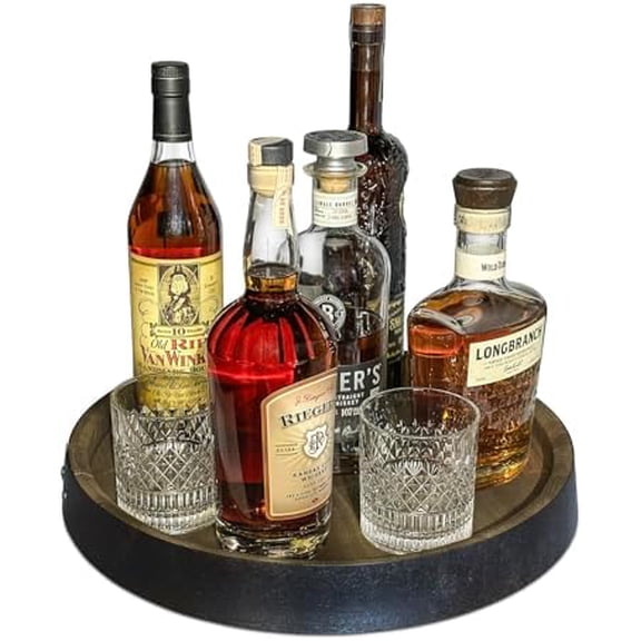 16" Barrel Top Whiskey Display Stand Real Oak Wooded Lazy Susan Turntable with Steel Band 360 Rotating Whiskey, Bourbon & Wine Bottle Organizer Rustic Home Bar Centerpiece