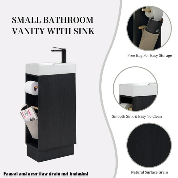 16" Bathroom Vanity Sink Combo - Black & Walnut Floor Standing Vanity with 2 Toilet Paper Holders for Small Spaces