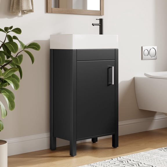 16" Bathroom Vanity with Sink, Freestanding Wooden Bathroom Vanity Cabinet with Soft-Closing Door and Metal Handle, Modern Floor Standing Storage for Small Spaces