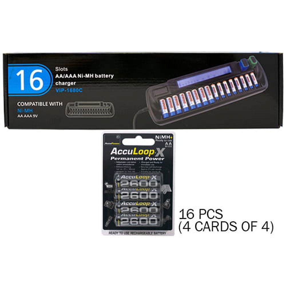 16 Bay AA / AAA LCD Battery Charger + 16 AA 2600 mAh AccuLoop-X NiMH Batteries
