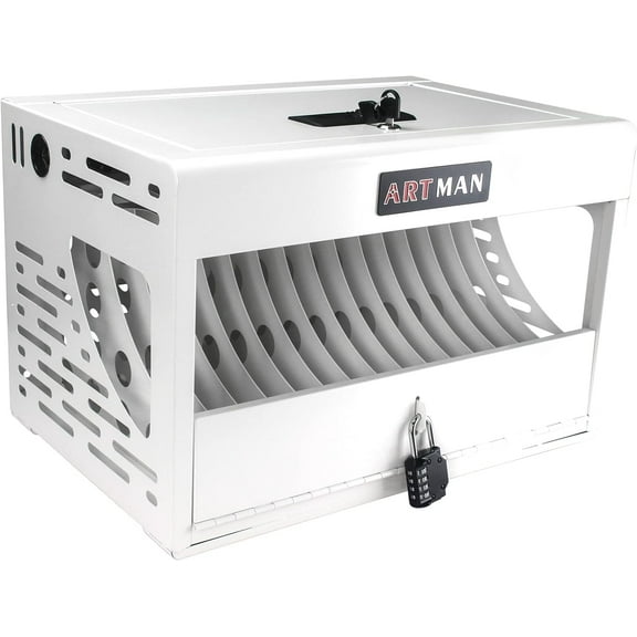 16 Bay Charging Cabinet for Laptop, Locking Charging Station for Chromebook, Lock Box, Charger Storage and 2 Locks Included - Fits 14'' Screensize and 1.2'' Thick Tablets - White