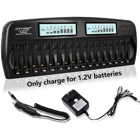 16 Bay Rechargeable Battery Charger with LCD Eye Protection Screen,Fast Charging for 1.2V AA AAA NiMH NiCD Rechargeable Batteries with Refresh Function with Car Charger