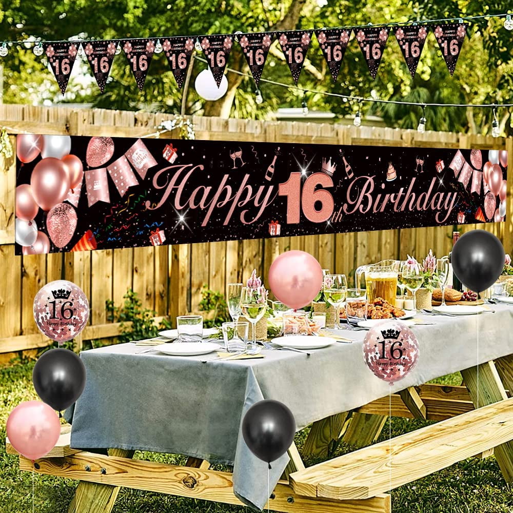 16 Birthday Decorations, 16th Birthday Decorations for Girls, Black Rose Gold 16th Happy