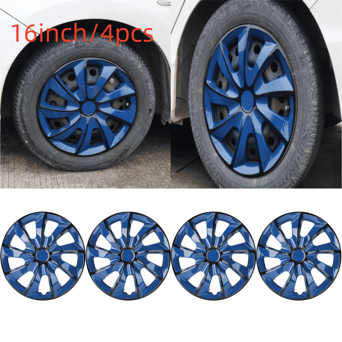 16" Black&Blue Hubcaps/Wheel Covers for Most Cars,Set of 4 Snap on Car Truck SUV Hub Cap,ABS&PC Material