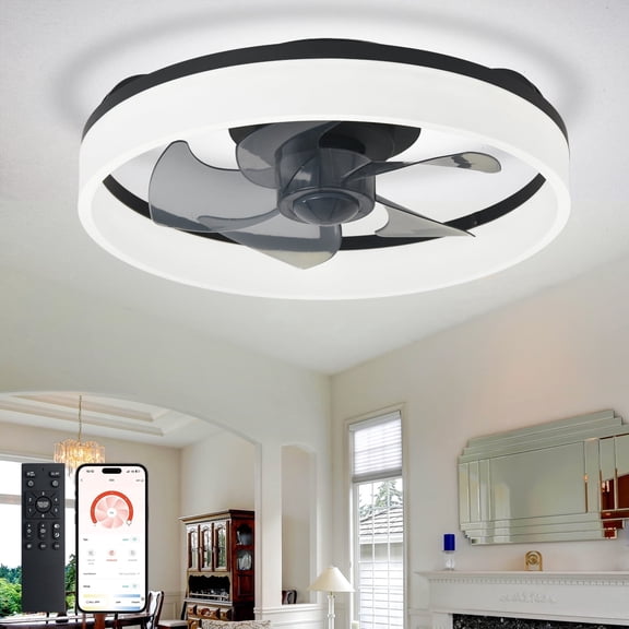 Depuley 16" Black Flush Mount Ceiling Fan with Light - Low Profile, App & Remote Control, 6-Speed Quiet DC Motor, Dimmable LED for Bedroom