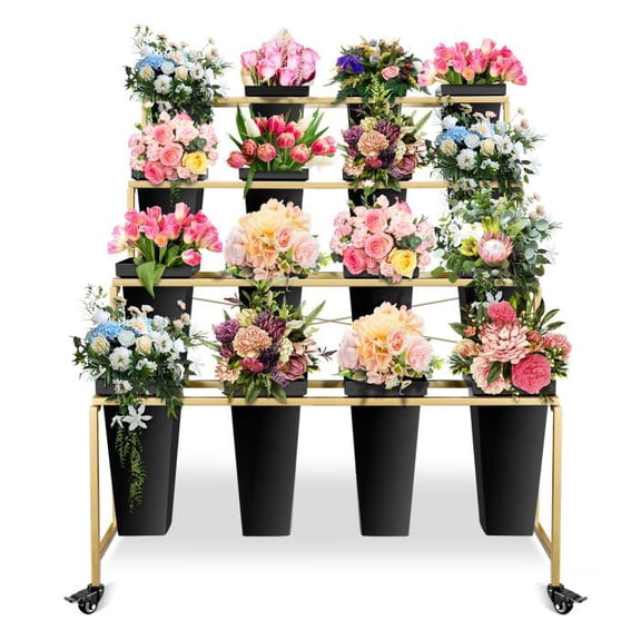 16 Black Square Grow Pots on Gold Iron Stand, Space-Efficient 4-Tier Vertical Rack, Easy to Move and Clean, for Urban Spaces