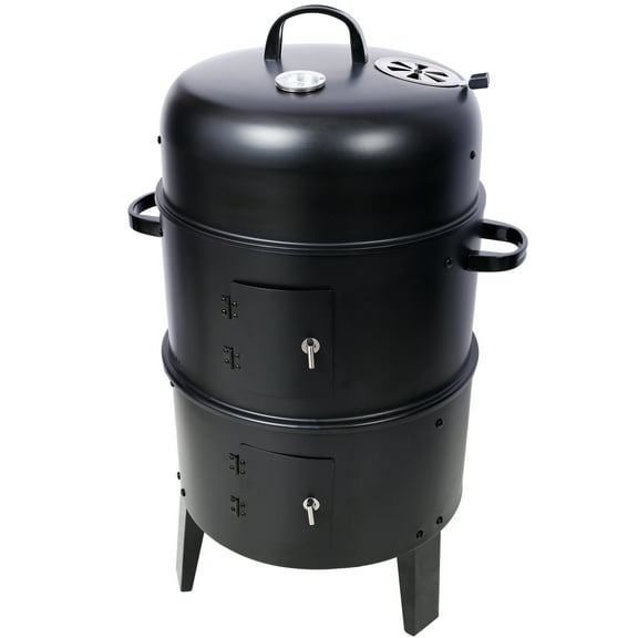 16" Black Steel Vertical Charcoal Smoker Grill - Portable Outdoor BBQ for Camping, Patio, Backyard Cooking with 3-in-1 Smoker, Grill, Fire Pit Functions
