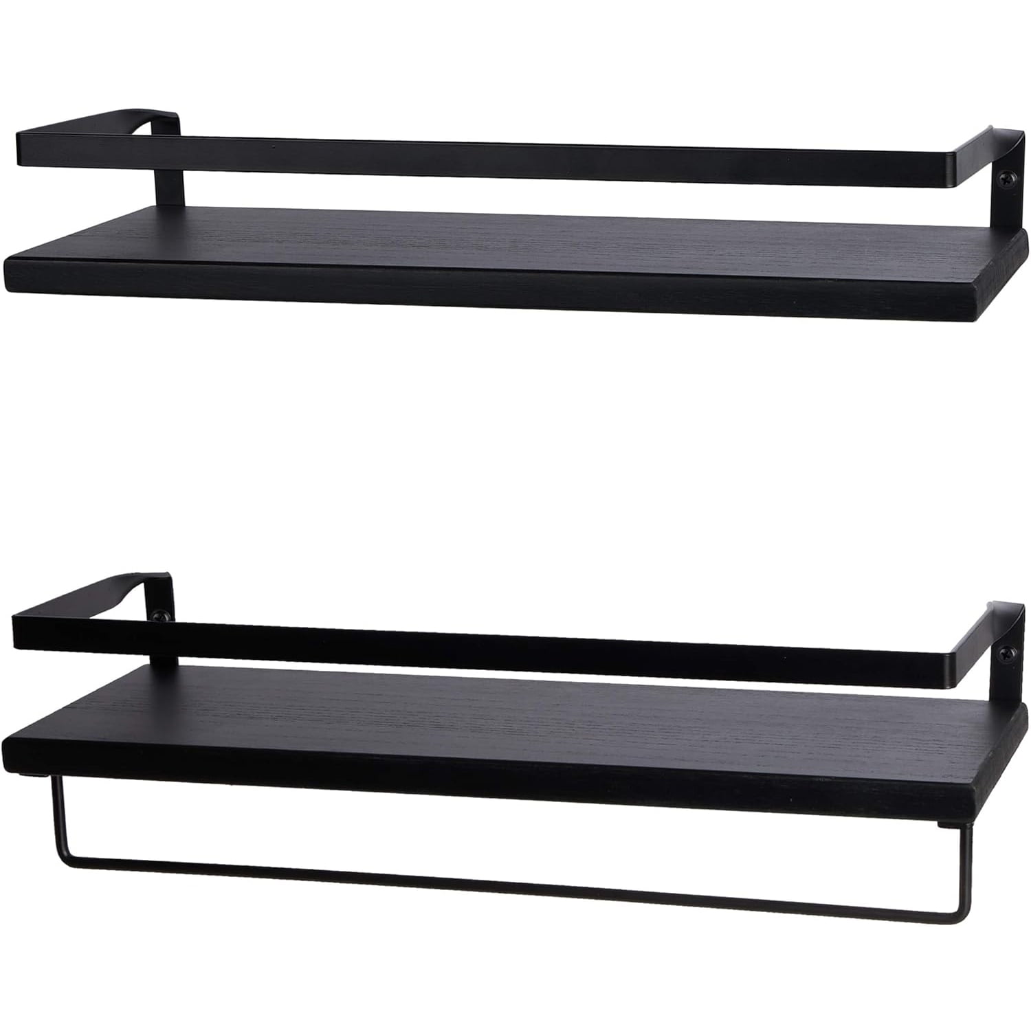 16" Black Wall-Mounted Floating Shelves W/Rack & Towel Bar, Home Decor 2-Tier Wood Storage Shelf for Livingroom Kitchen Bedroom, Bathroom Shelves Over The Toilet