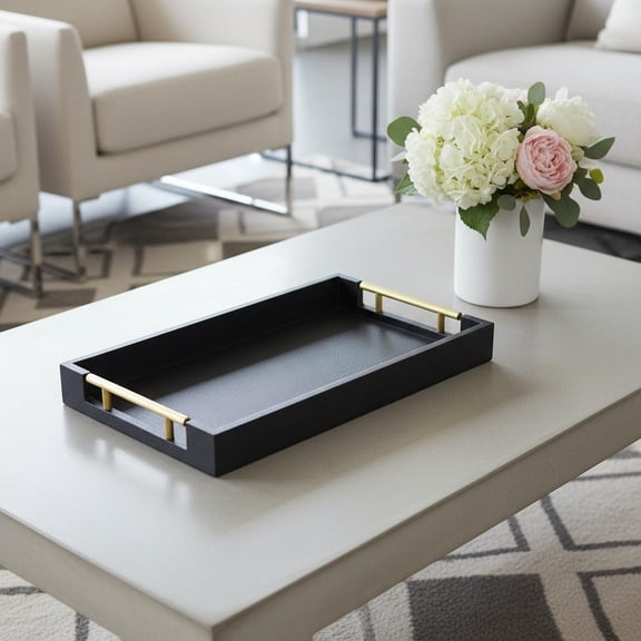 16" Black Wood Faux Shagreen Serving Tray With Handles