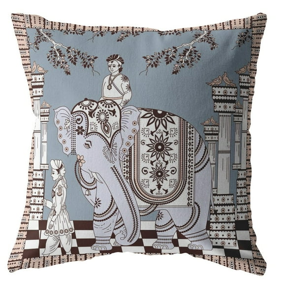 16†Blue Brown Ornate Elephant Suede Throw Pillow