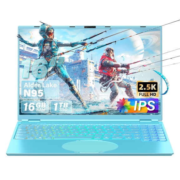 16" Blue Laptop, 2.5K QHD(2560x1600) IPS, Celeron N95, 16G RAM 1T SSD, Win 11/Office 2019, Color Backlit KB, Face Unlock,USB3.0/HDMI/WiFi/BT, PC Notebook