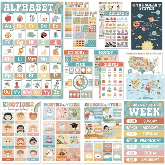16 Boho Groovy Educational Posters - Alphabet ABC Poster, World Map - Laminated Learning Poster Charts for Classroom Decor - Homeschool and Classroom Wall Decoration