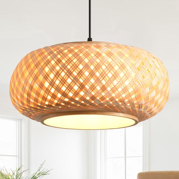 16" Boho Natural Handwoven Bamboo Pendant Light, Coastal Single-Light Dimmable Hanging Light with Adjustable Cord