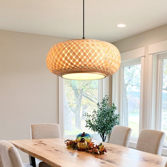 16" Boho Natural Handwoven Bamboo Pendant Light, Coastal Single-Light Dimmable Hanging Light with Adjustable Cord