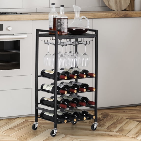 16 Bottles Free Standing Wine Rack with 9 Glass Holders for Kitchen, Dining Room, Living Room