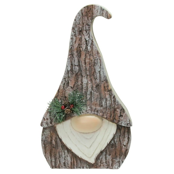 Northlight Faux Tree Bark Gnome with Holly Berry Christmas Figure - 16" - Brown and White