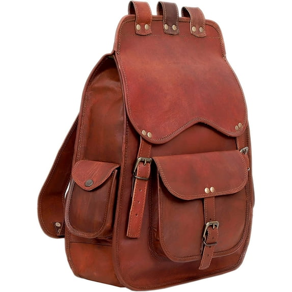 16" Brown Leather Backpack Vintage Rucksack Laptop Bag College Bookbag