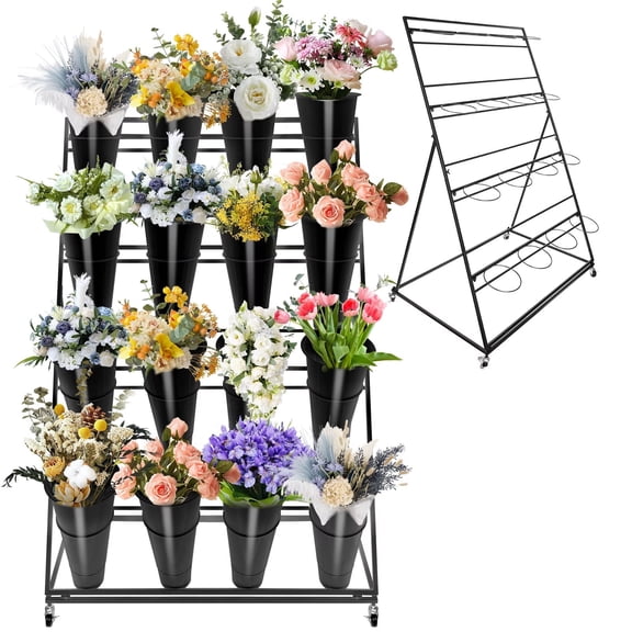 16 Buckets Rolling Flower Stand, 4-Layer 59in Metal Plant Shelf with Locking Wheels, Heavy Duty Wrought Iron Rack for Outdoor Patio, Garden, Balcony, Sunroom & Living Room