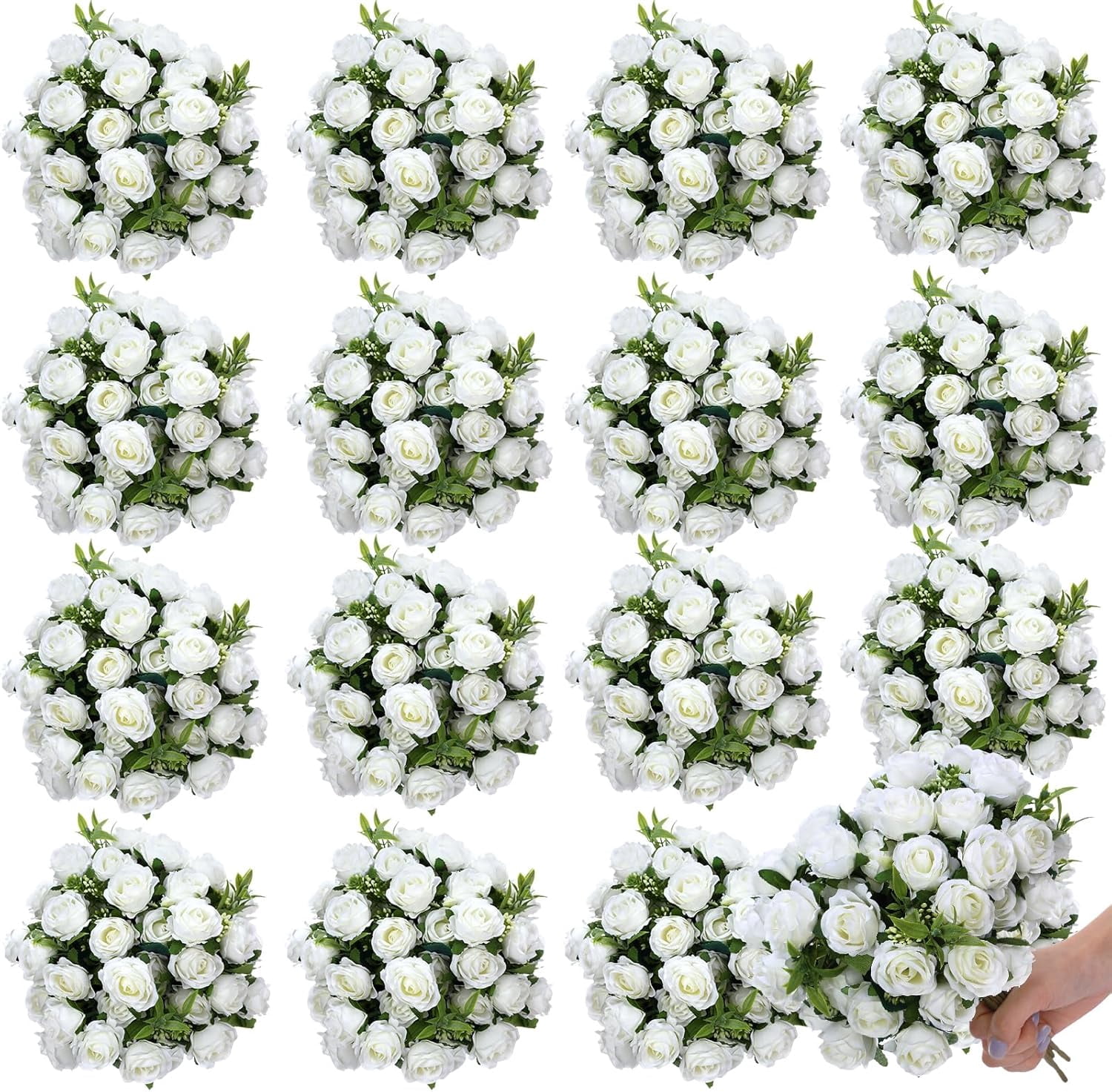 16 Bunches 12 Inch Artificial Mini Rose Bouquet 160 Heads Bridal Flower Bouquets Fake Silk Rose Bulk for Valentine's Day Wedding Bridal Shower Home Office Garden(White)