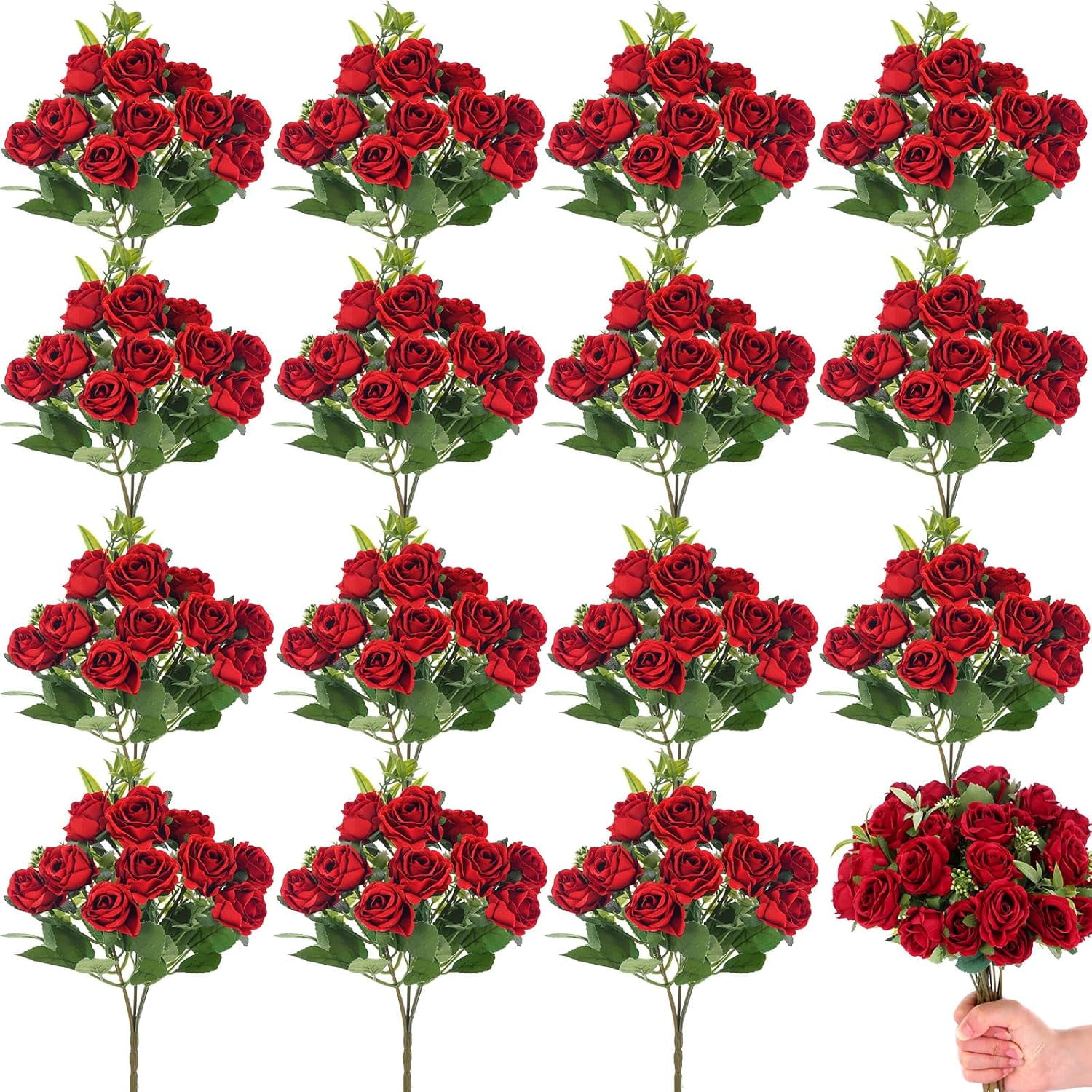 16 Bunches 12 Inch Artificial Mini Rose Bouquet 160 Heads Bridal Flower Bouquets Fake Silk Rose Bulk for Valentine's Day Wedding Bridal Shower Home Office Garden(Red)