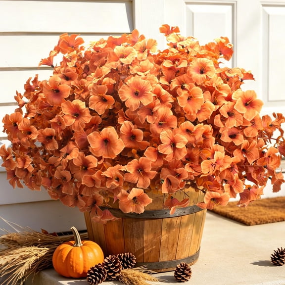 16 Bundle Artificial Fall Petunias Flowers for Outdoor Planters (Peach) | UV Resistant Faux No Fade Outside Flowers for Front Door Porch Patio Yard Balcony Autumn Decor