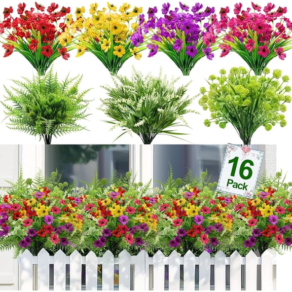 16 Bundles 7 Styles Artificial Flowers for Outdoors Spring Decor, Fake Plants Flower UV Resistant Faux Plastic Plants Colorful Daisy Boston Fern Lavender Cemetery Flowers for Grave Outside Home Porch