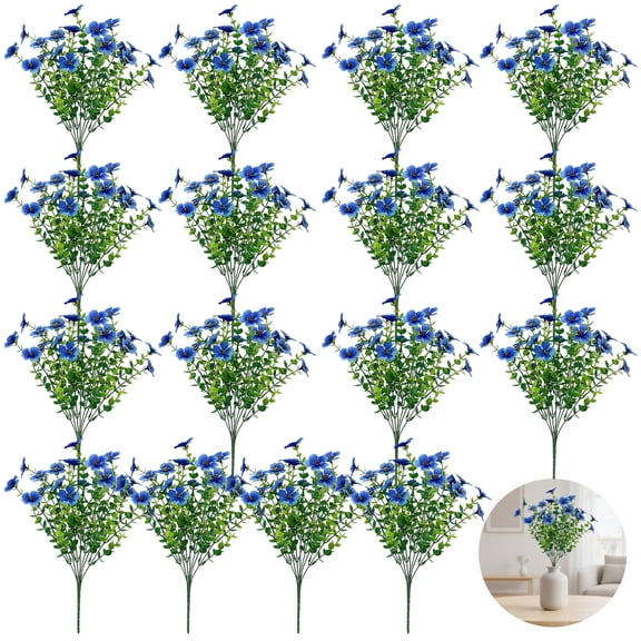 16 Bundles Artificial Eucalyptus Violet Flowers, Blue Faux Floral Bouquets, Realistic Sun Protection Fake Greenery for Home, Porch, Patio, Garden, Wedding Decor & Crafts