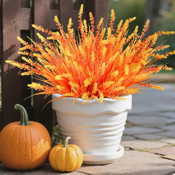 16 Bundles Artificial Fall Flowers Outdoor Faux Lavender Flowers with Monkey Grass UV Resistant Plastic Faux Plants for Halloween Front Door Porch Patio Yard Balcony Decor, Orange Color
