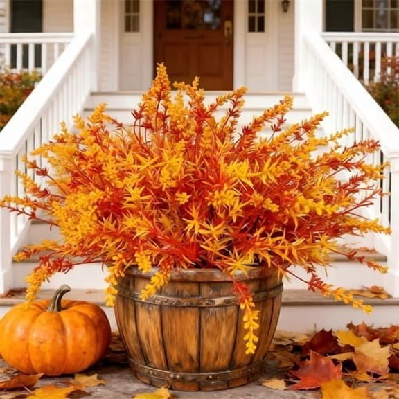 16 Bundles Artificial Fall Flowers Outdoor – Faux Lavender Flowers with Monkey Grass UV Resistant Plastic Faux Plants for Halloween Front Door Porch Patio Yard Balcony Decor, Orange Color