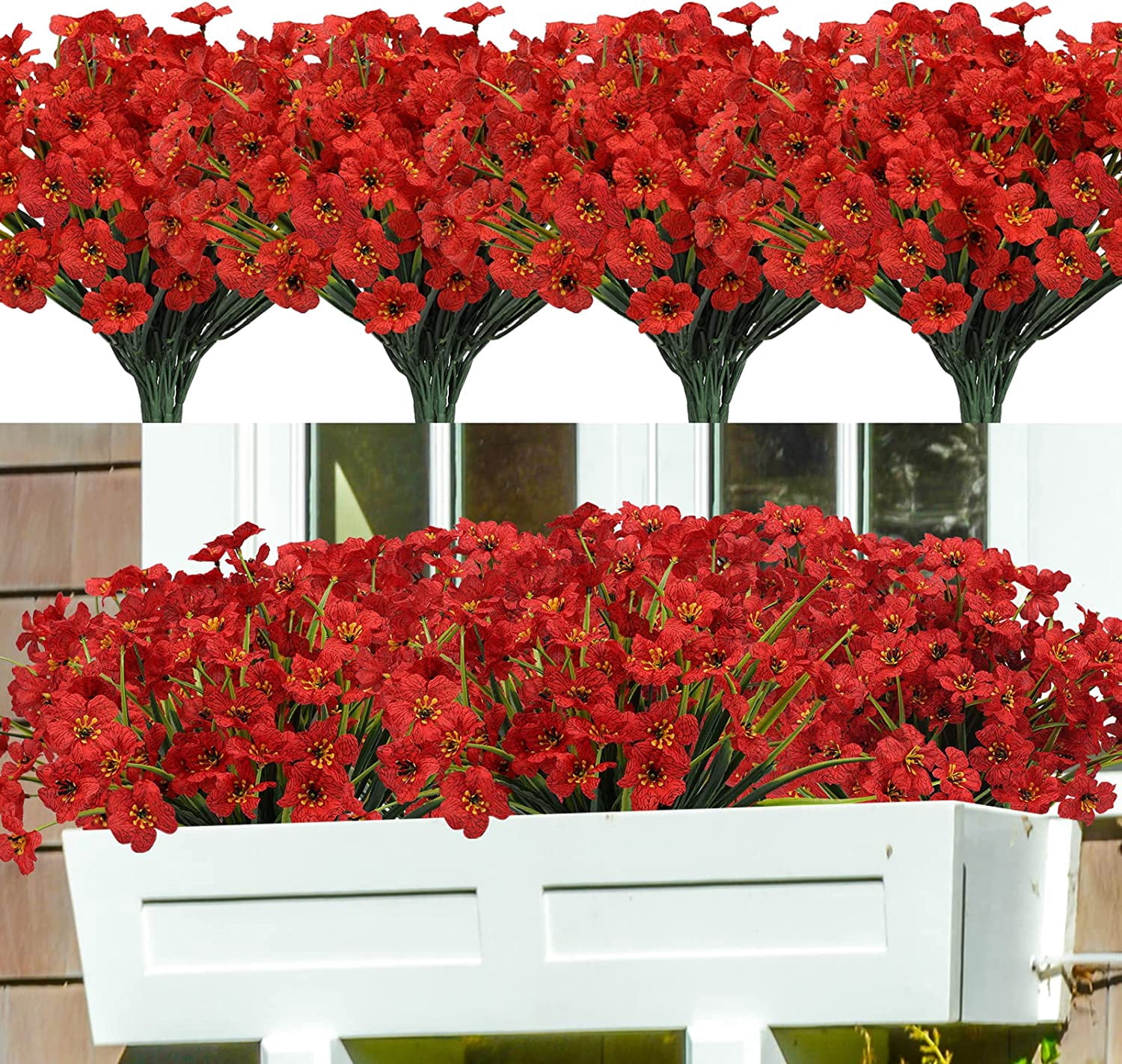 16 Bundles Artificial Flowers for Outdoors, Fake Silk Flowers Faux Plants UV Resistant for Hanging Planters Window Box Front Porch Indoor Outside Decorations (Red)