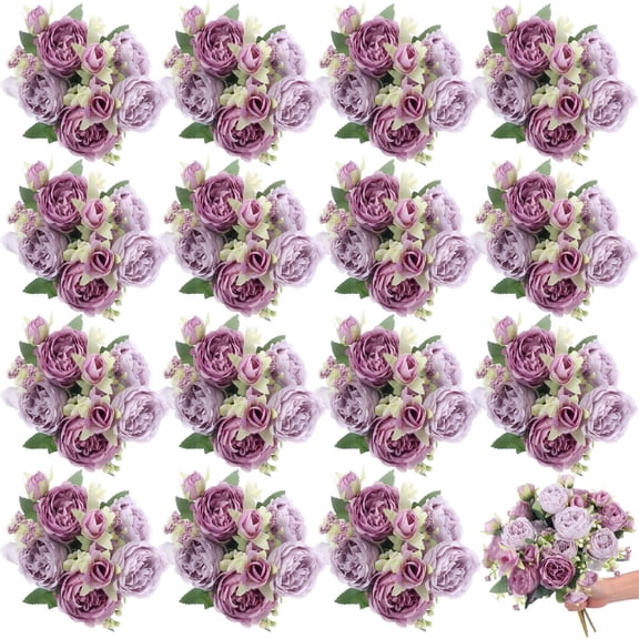 16 Bundles Artificial Peonies Silk Peonies Faux Flower Bouquet Fake Peony Flower Arrangements Table Centerpieces for Vase Wedding Party Boho Home Office Decoration Bulk (Pink, Purple)